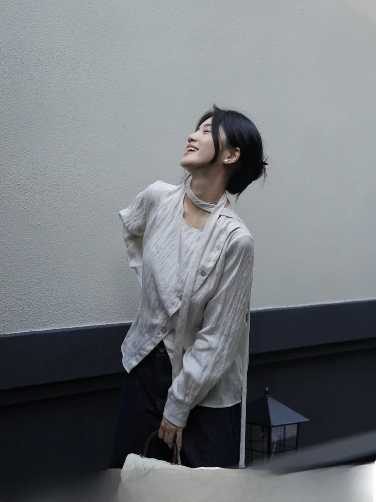 

Loose Women's irt with Sa Copper Ammonia Silk Design Spring Autumn Open Split Casual Faion Breathable Long Sve