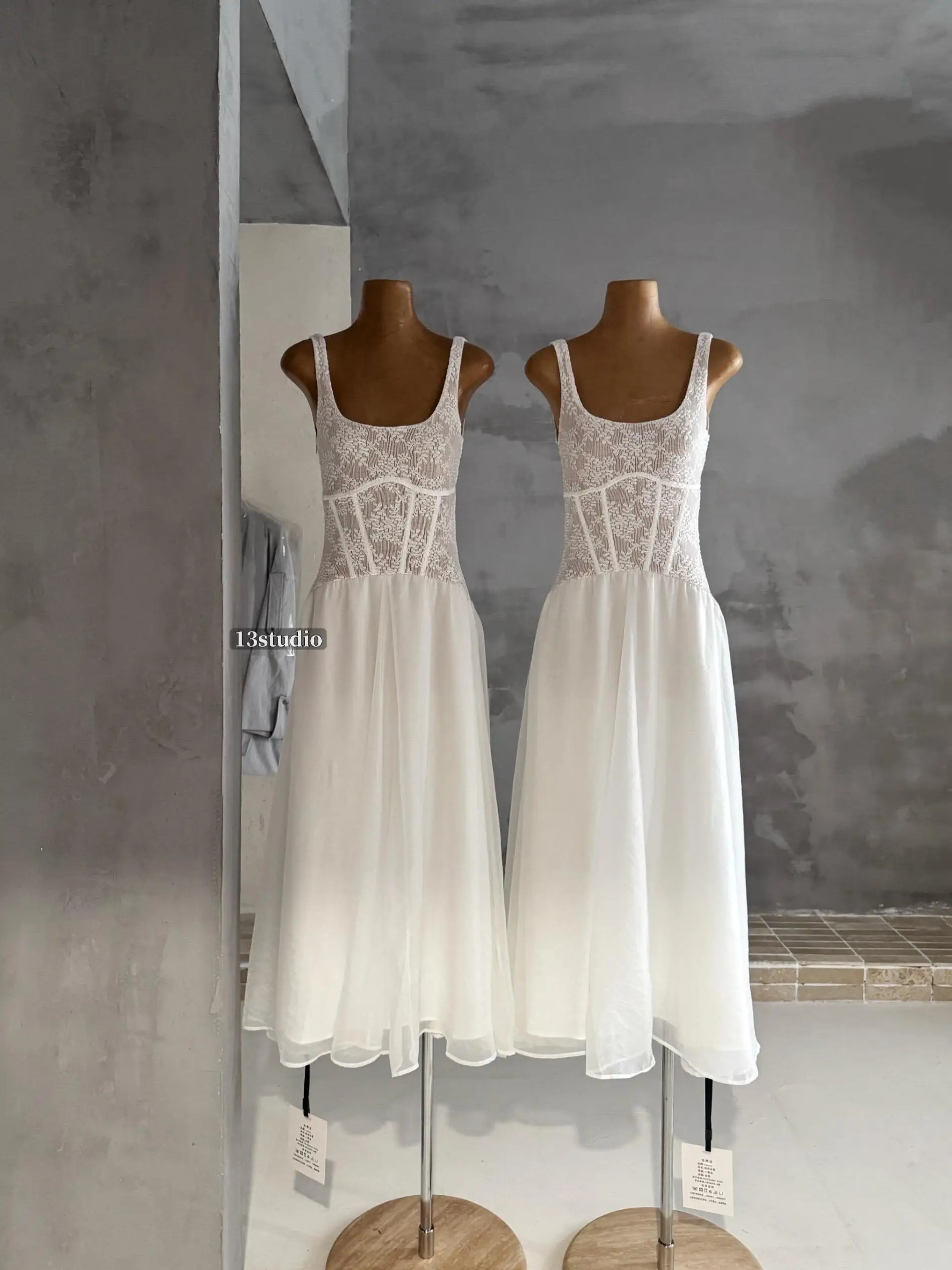 

Thirteen Rows Duo2026 Lace Fishbone Dress Slimming A-Line Fish Tail Double Version Square Collar Summer Women's Dress