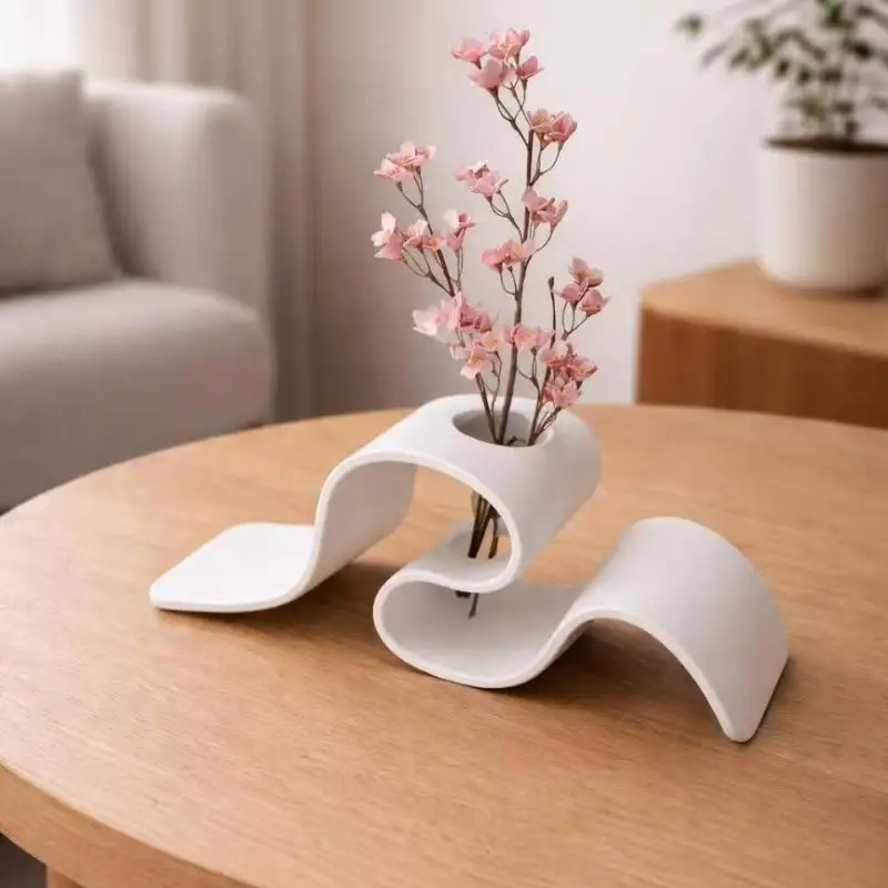 Hot Modern Minimalist Curved 3D Printed Vase Creative Ribbon-Shaped Dried Flower Holder Nordic Style Desktop Decorative Vessel