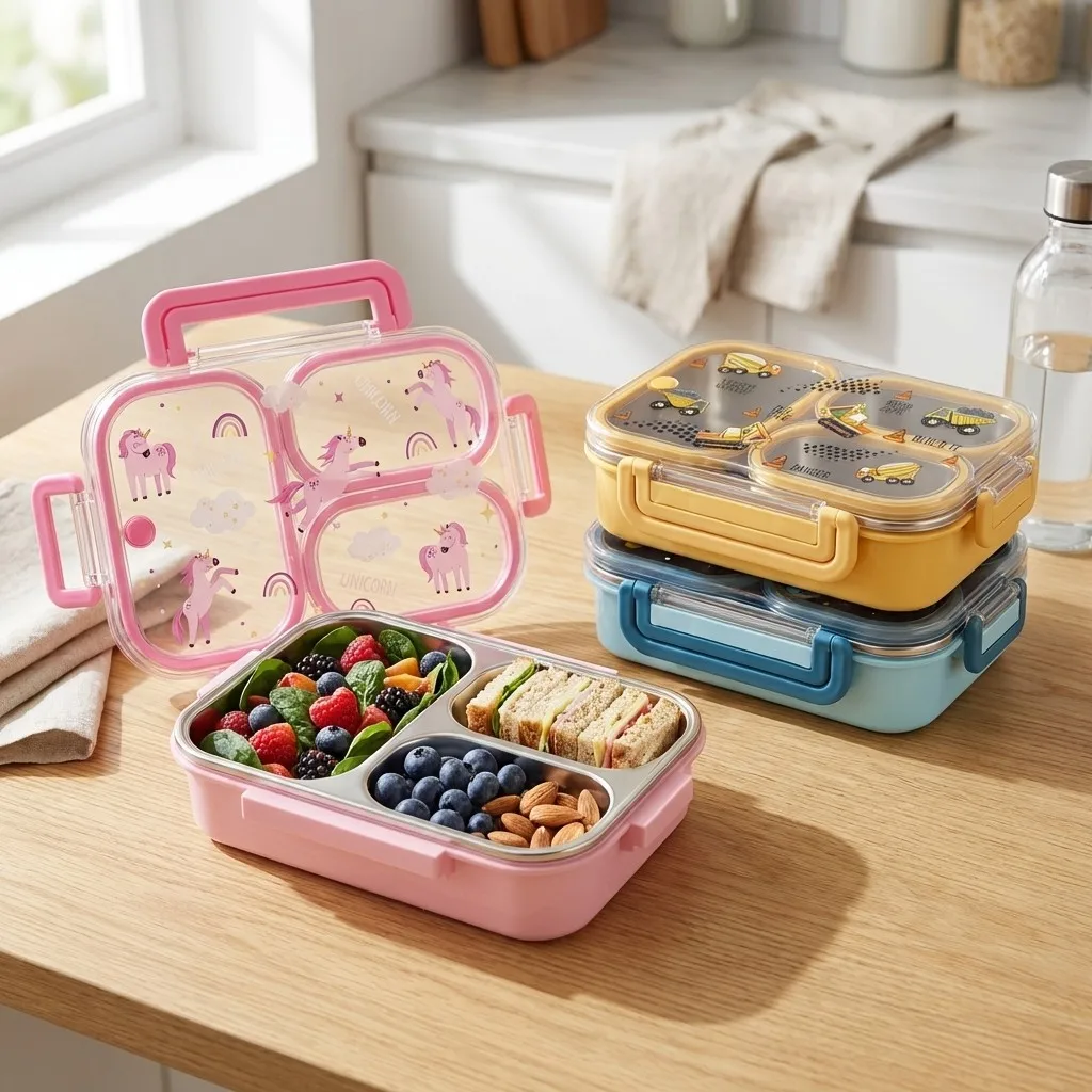 Cartoon Kids Lunch Box With Handle Students Large Capacity Leak-proof 304 Stainless Steel Divided Bento Box Microwave Safe