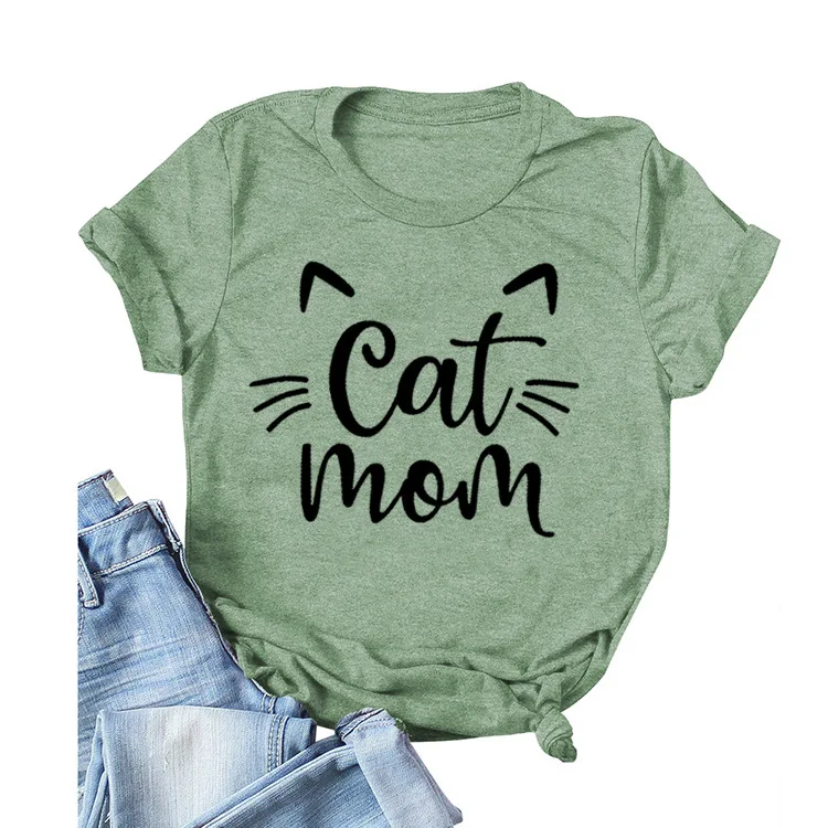 Camiseta con estampado de gato y mamá para Mujer, ropa holgada de manga corta con cuello redondo, Tops