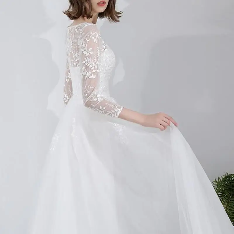 New Tulle Wedding Dresses Classic O-neck Bridal Dress With Lace Illusion Sleeve Elegant Simple Long A Line Sukienka Na Wesele