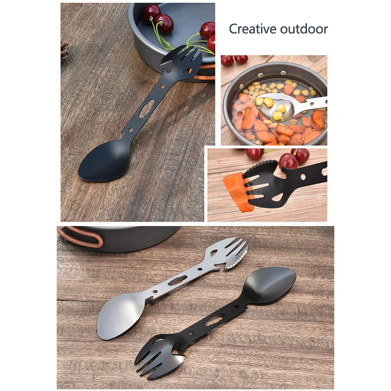 Outdoor Survival Tools 5 In 1 Camping Multi-functional EDC Kit Practical Fork Knife Spoon Bottle/Can Opener