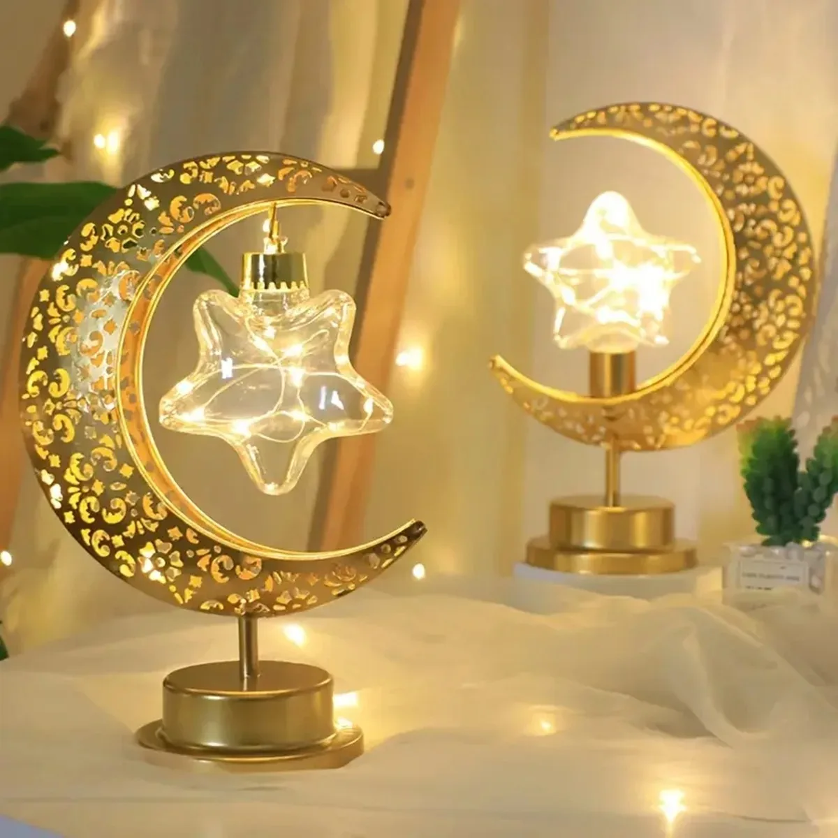 Star Moon Round Ball LED Table Lamp Golden Iron Night Light for Ramadan Eid Mubarak Home Bedroom Party Indoor Decor Eid Gift