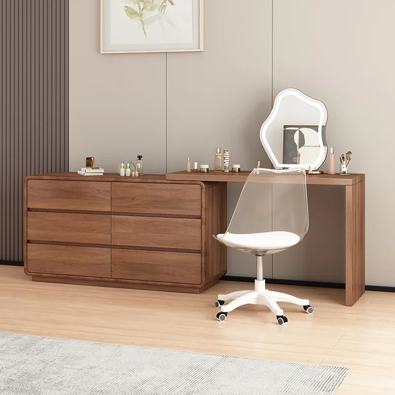 Solid wood modern farmhouse dresser with collapsible design with lighted mirror in retro brown finish for modern bedroom furn