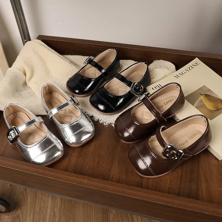 

Simple Girl Leather Shoe Silver Versatile Children's Flats Fashion Causal Kids Ballet Princess Shoes Spring Autumn Soft Bottom