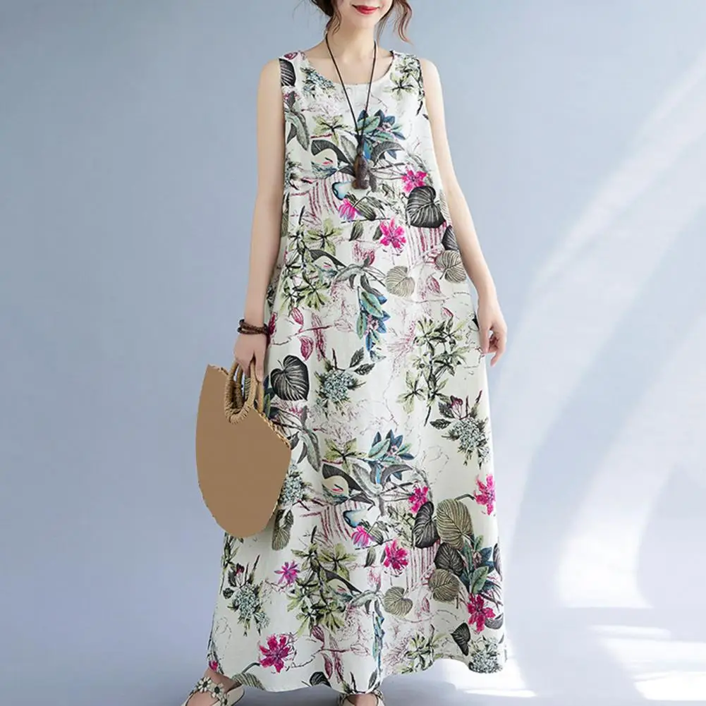 Floral Leaf Print Women Dress O-Neck Sleeveless Lady Maxi Dress Floral Print Oversized Holiday Beach Vocation Long Dress 80%