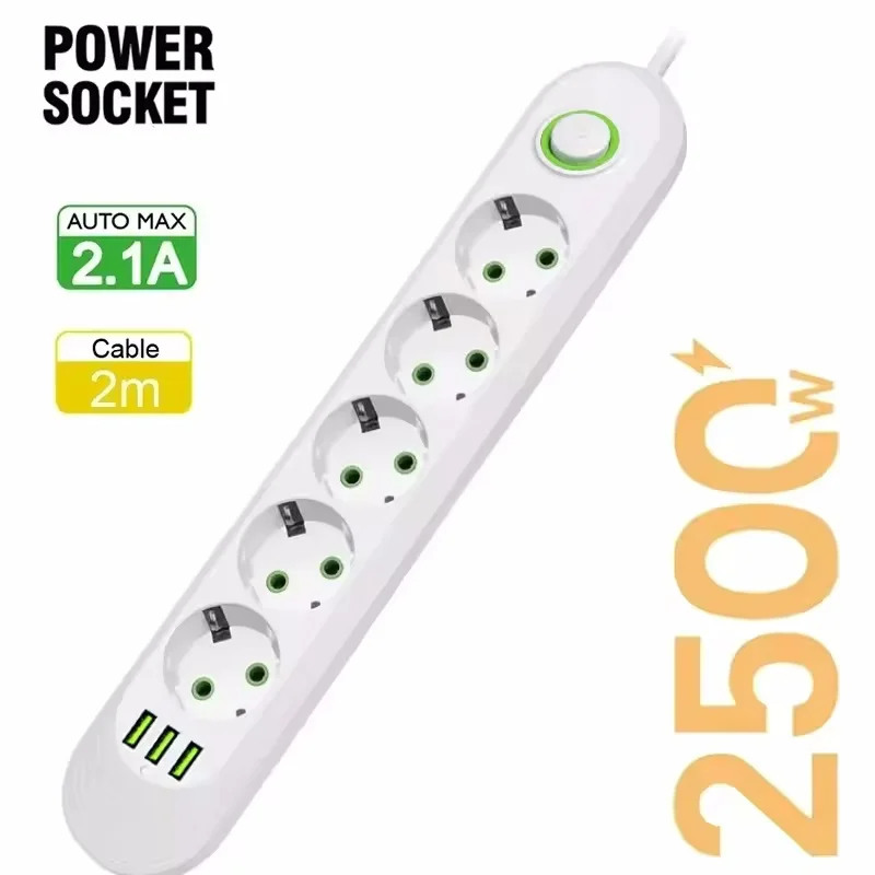 2 m Kabel, EU-Stecker, Steckdosenleiste mit 3 USB-Buchsen, Netzwerkfilter, runder Stift, AC-Steckdosenanschlüsse, Verlängerungskabel, elektrischer Ladeadapter