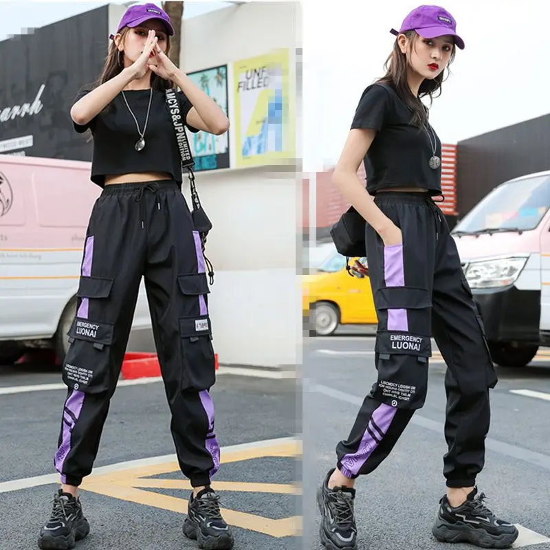 Women's Cargo Pants Buckle Ribbon Pocket Jogger Elastic Waist High Streetwear Harajuku Pant Punk Ring Chain Females Trousers