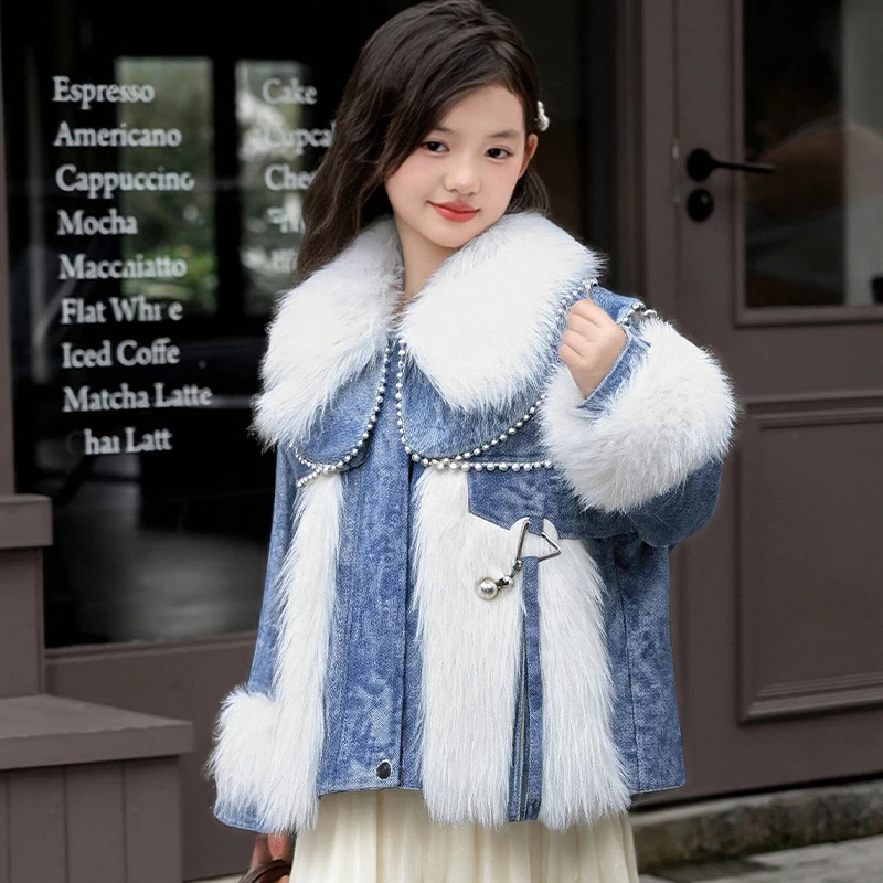 Winter children's imitation denim fur coat autumn girls' fake fox fur cotton coat spring boys' warm long sleeved jacket coat