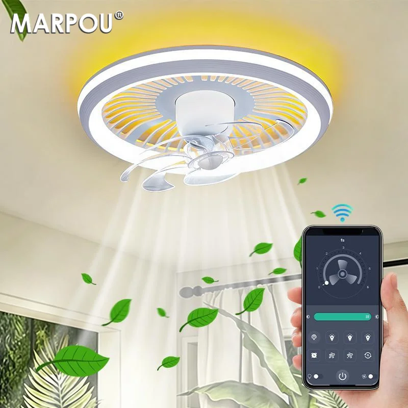 Intelligenter Geräuscharmer Deckenventilator mit Licht 360 °   Rotierende Minimalistische LED-Deckenventilator-Lampe mit Ambient-Hintergrundbeleuchtung 6 Geschwindigkeiten Dimmbar für Innenbereich