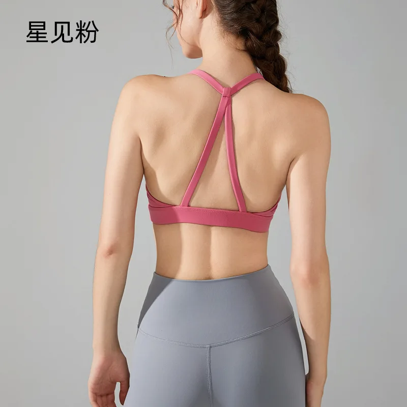 Intimo sportivo in Lycra Reggiseno da yoga con sensazione di nudo Top da allenamento con cinturino sottile senza fili Imbottito modellante per la schiena con scollo all'americana da donna