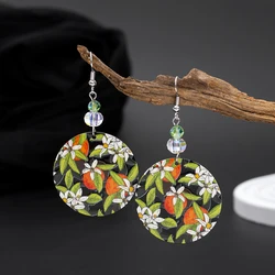 Fashion 3D Printing Orange Flower Round Acrylic Earrings For Women Vintage Style Trend Products Party Vacation Lightness Jewelry