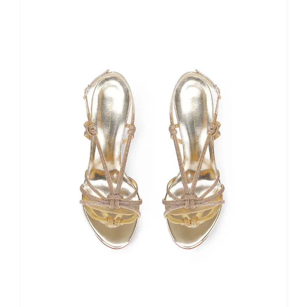 Women Summer New Light Gold Rhinestone Strappy Open Toe Thin Heel High Heel Sandals Fashion Stunning Party Dress Sandals