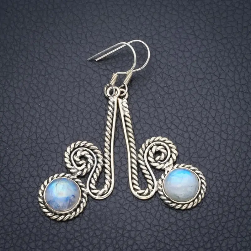 StarGems Natural Rainbow Moonstone Handmade 925 Sterling Silver Earrings 2 1/4