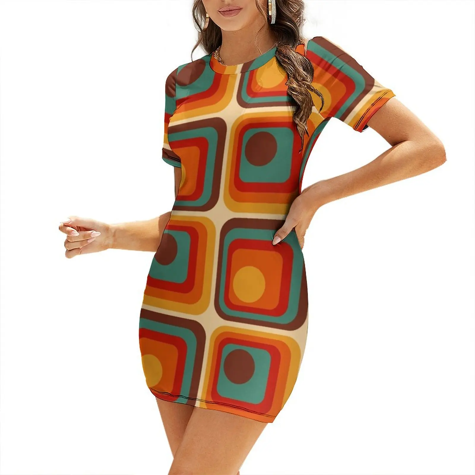 

Retro Geometric Gradient Square and Circle Pattern 221 Short Sleeved Dress Women's dress woman dress Summer skirt