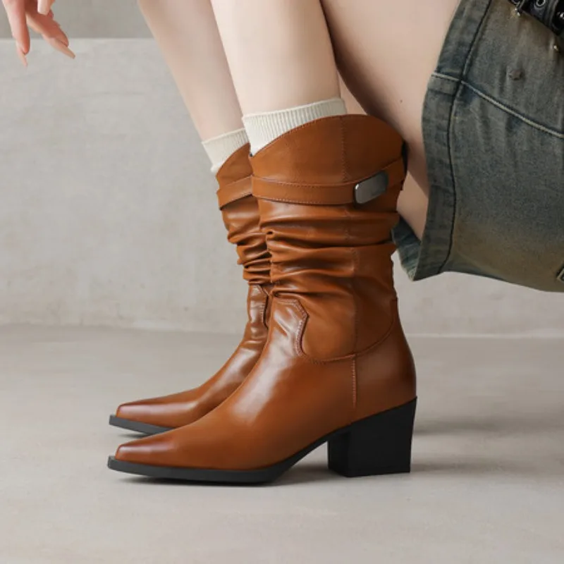 2025 New Autumn/Winter Women Boots Round Toe Chunky Heel Shoes Western Boots Zapatos De Mujer Ankle Boots Split Leather Shoes