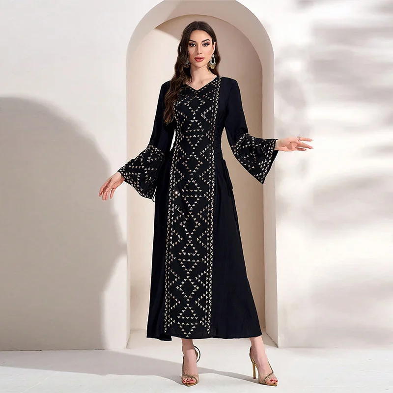 

1383 Fashion Single Silk Strip Beaded Sequin Dress Flared Sleeve Party Gown Women's Clothing Dress Robe Vestido Women Elegant