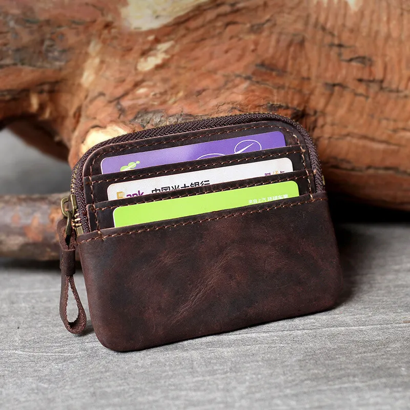 กระเป๋าสตางค์หนังแท้สไตล์เรโทร ทำมือ หนังเครซี่ฮอร์ส สำหรับผู้ชาย ทรงบาง มีซิป ใส่กุญแจ บัตรเครดิต ใส่เหรียญ กระเป๋าใบเล็ก