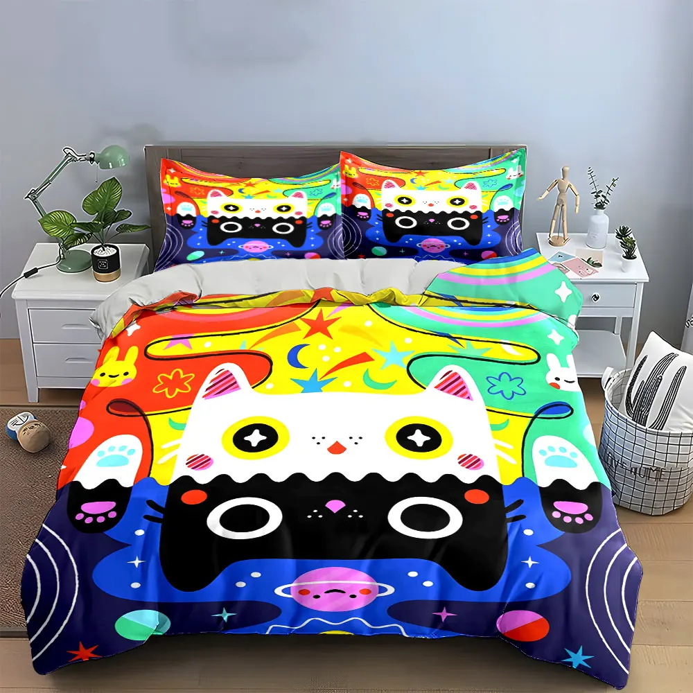 Colorful Cat Print Artwork Set Bedding Set with 1 Duvet Cover 2 Pillowcases Single Double King Queen, Gift