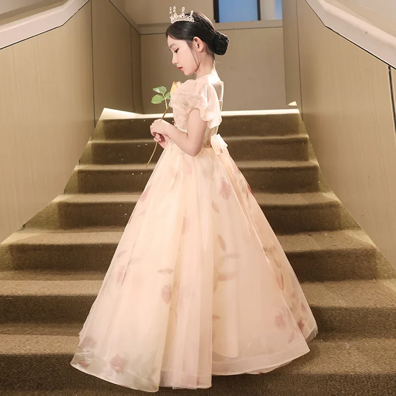 

Платье с пышными рукавами для девочек, платье принцессы с цветочным узором для девочек, свадебное платье, сладкое шоу, пышное тюлевое детское платье для выступлений
