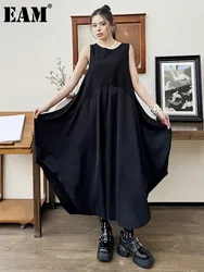 [EAM] Women Black Brief Irregular Big Size Casual Dress New Round Neck Sleeveless Fashion Tide Spring Summer 2024 1DH5248