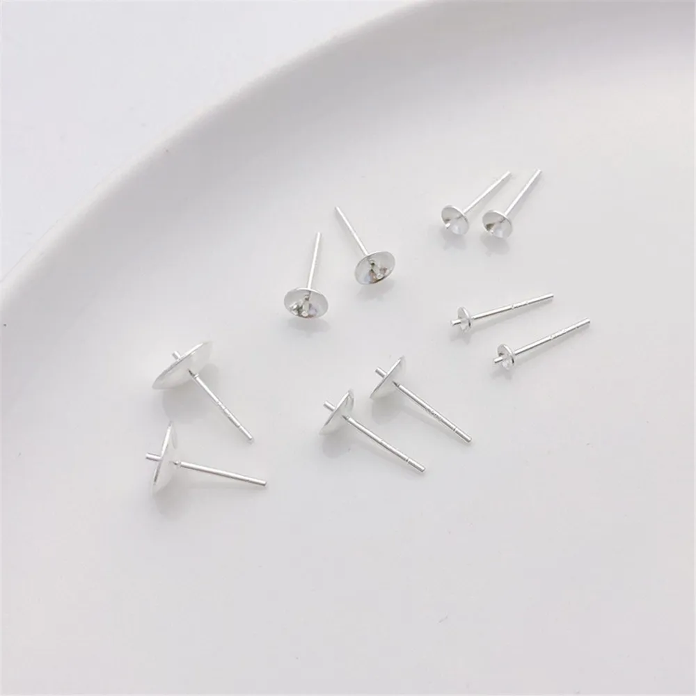 925 Sterling Silver Half-hole Pearl Holder Bowl Needle Ear Stud Bead Tray Handmade DIY Accessories Empty Tray Sticky Material