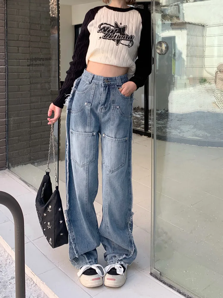 

2023 Cyber Y2K Streetwear Multi Pockets Baggy Stacked Cargo Jeans Pants For Women Goth Clothes Washed Blue Hip Hop Lady Trousers