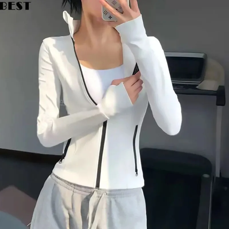 Women's Slim Fit Zip Workout Jacket Long Sleeve Thumb Hole Athletic Yoga Jacket