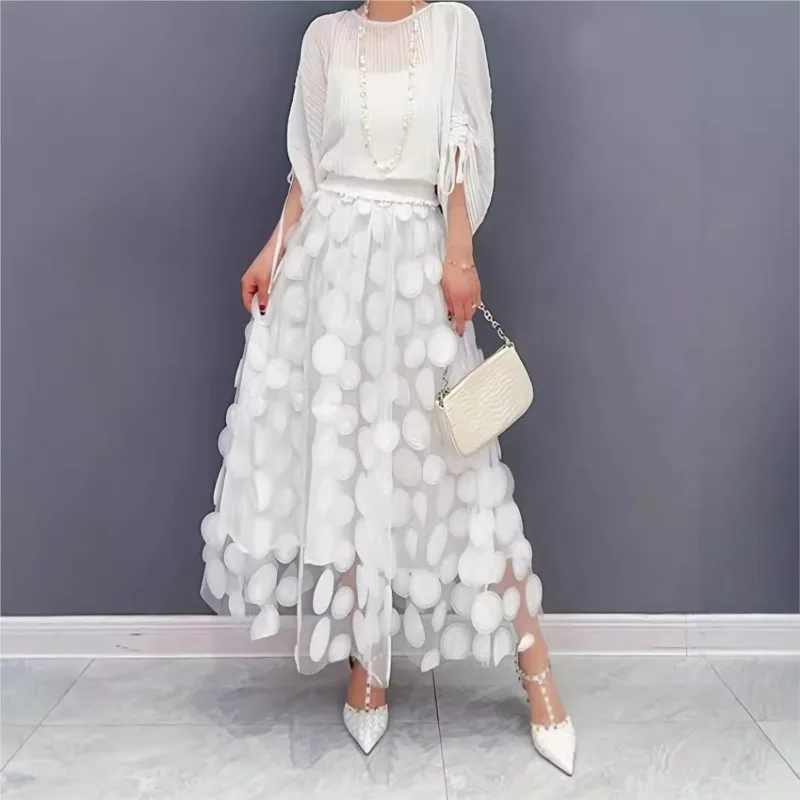 Summer Autumn Women's New Fashion Tulle Skirt Solid Color 3D Polka Dot Elastic Waist Mesh Flowy A-Line Mid Length Skirt Women