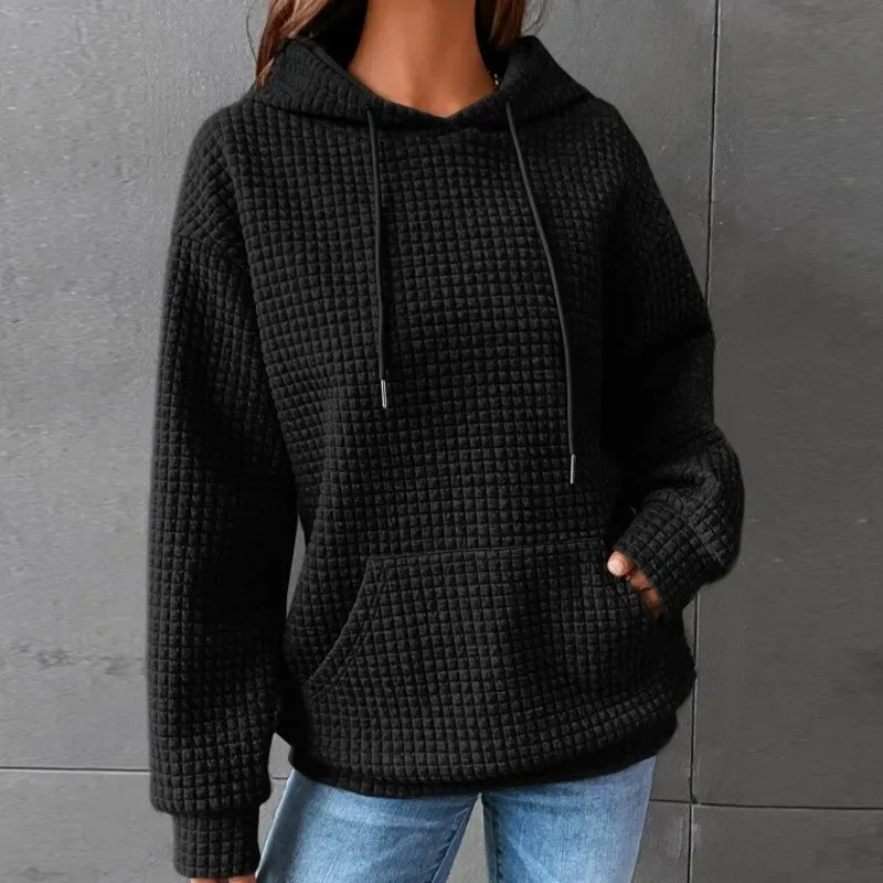 Women's Thick Waffle Knit Crew Neck Sweatshirt with Pocket – Solid Color Hip Length Winter Hoodie for Women's Winter Clothing
