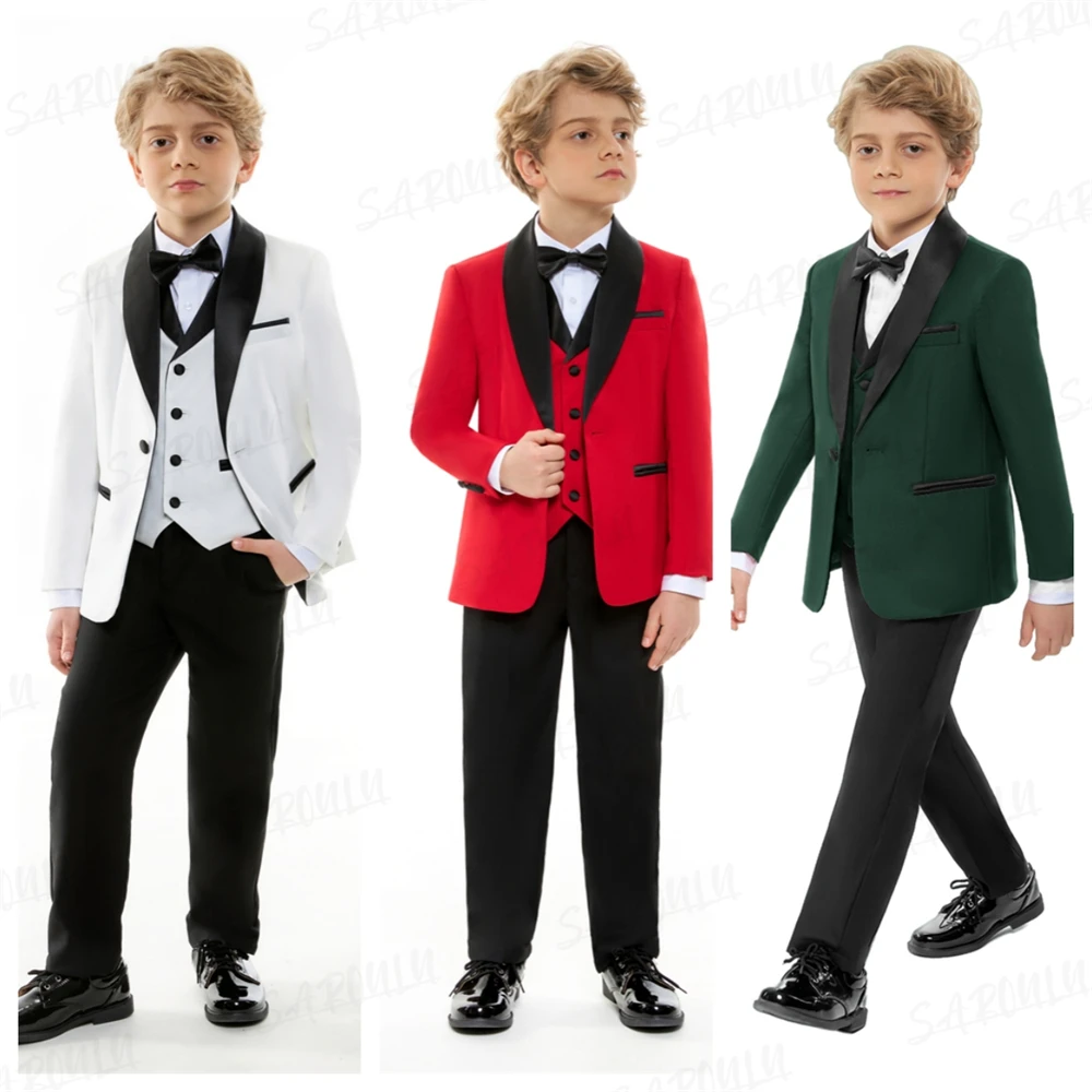 Hızlı teslimat 4 parça akıllı takım seti çocuklar için, ince uydurma erkek takım elbise seti, Blazer yelek pantolon papyon çocuk resmi smokin