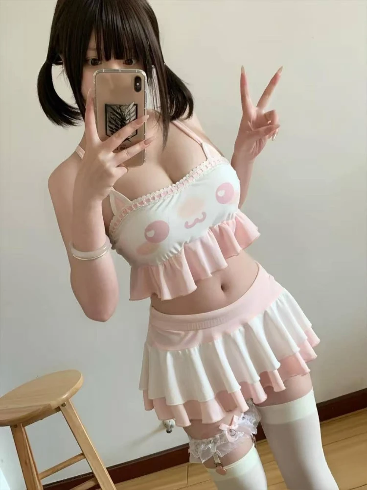 

Women Y2k Sweet Bikini Set Japanese Kawaii Print Ruffles Lolita Swimsuit Crop Top + Skirt Two Piece Swimwear Beach Wear