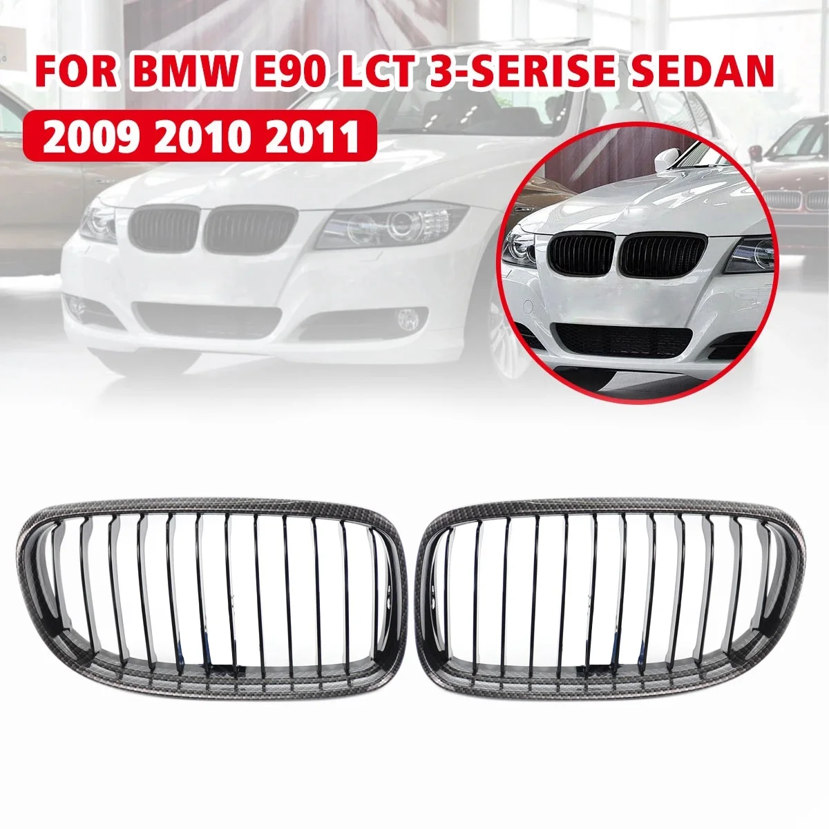 Carbon Fiber Look Front Bumper Kidney Grill Grille for -BMW E90 E91 Sedan 4Dr LCI 2009-2011 51137201969 51137201970