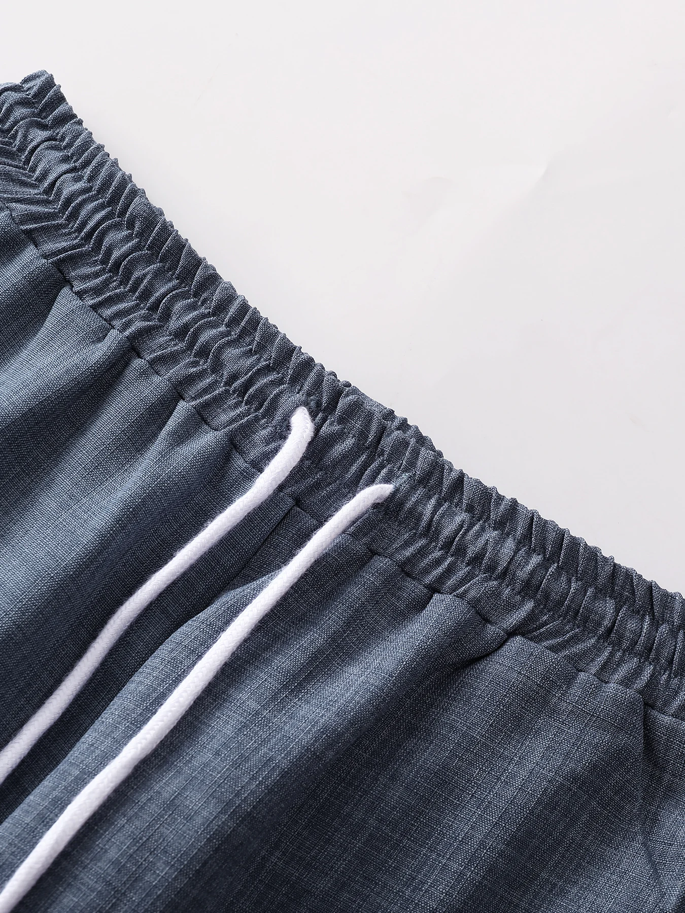 Men's Summer Casual Cuban Collar Short-Sleeve Long Pants Two-Piece Set, Denim Blue Bamboo Texture Vacation Outfit, Refreshing and Versatile Daily Men's Clothing Set