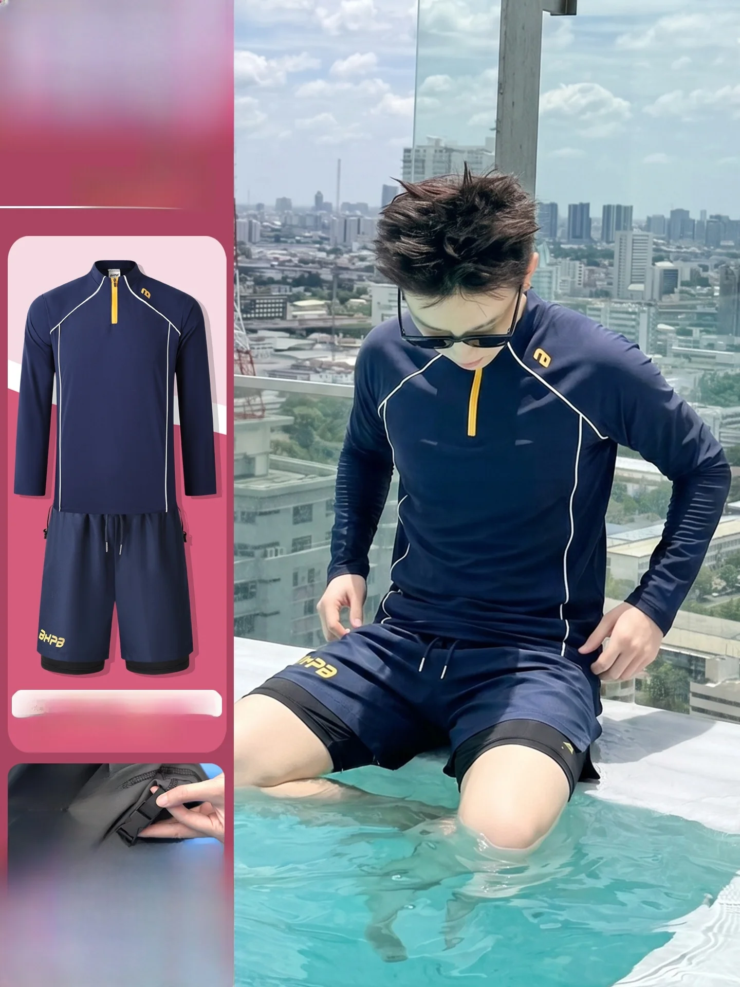 

Summer Beach Swimwear Set Men's Long Sleeve Short Pants Separate Diving Surfing Suit Sunscreen Quick Dry Hot Spring Swimming ...