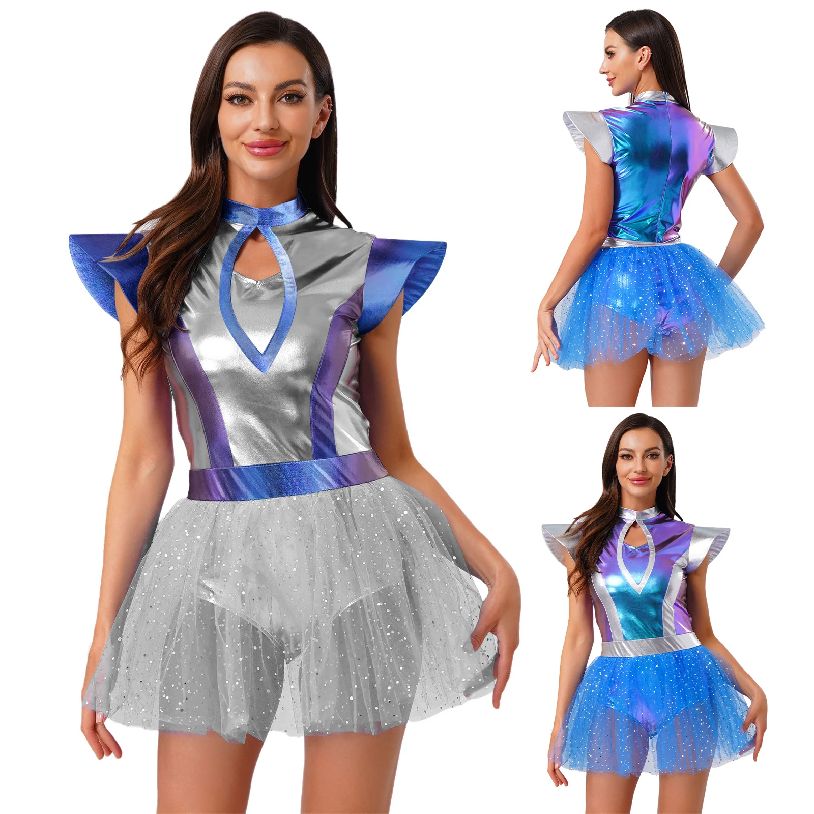 

Womens Alien Cosplay Dress with Fly Sleeve Metallic Shiny Built-in Briefs Dress for Halloween Space Themed Party