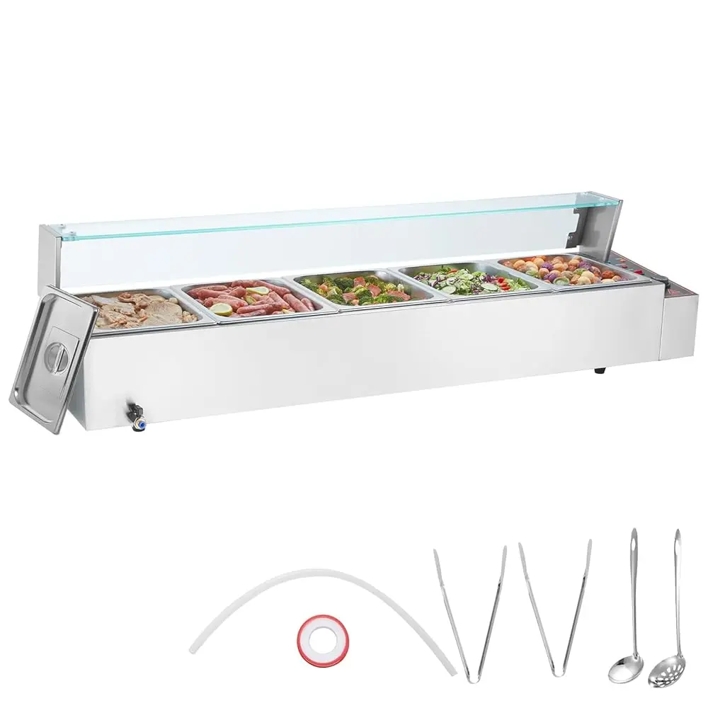 Kommerzieller Speisenwärmer mit 5 Pannen, 5 x 12 Qt elektrischer Dampftisch mit Glasabdeckung, 1700 W Arbeitsplatte aus Edelstahl, Buffet Bain Marie