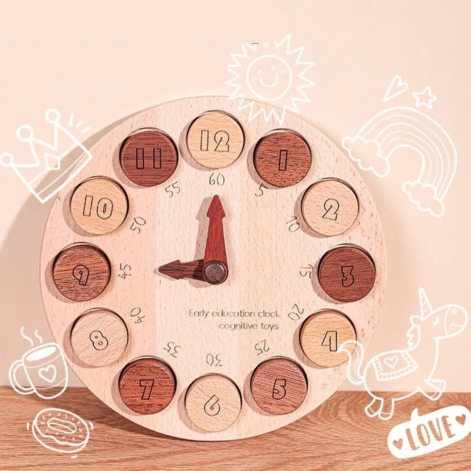 

Wood Teaching Clock Wooden Educational Toy Clock Early Education Wooden Toy Kids Learning for Boys and Girls Baby