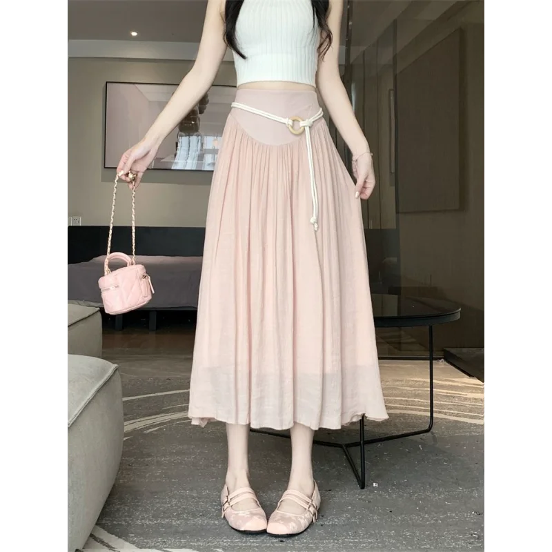 Pink Cotton Linen A-line Skirt For Women Summer Thin Mid-length Pleated Lace-up Fluttering Skirt