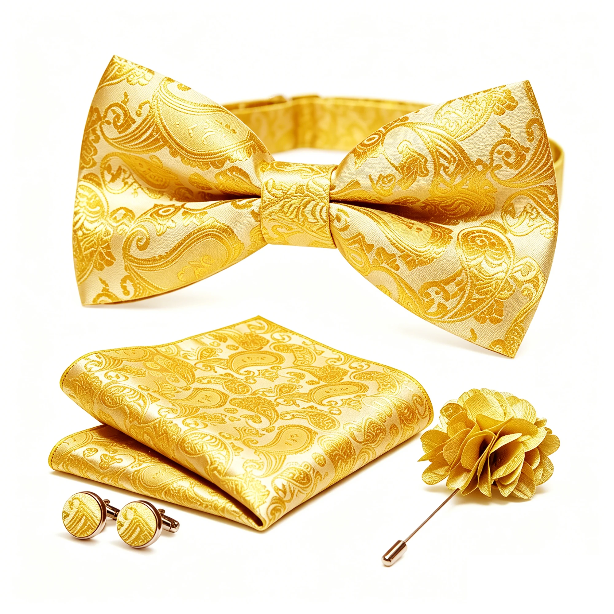 36-teiliges Set: Schwarze Seiden-Jacquard-Paisley Herrenfliege, Brosche, Einstecktuch und Manschettenknöpfe – Vorgebundene Schmetterlingsfliege für Herren, Hochzeit und Business – Detail 23