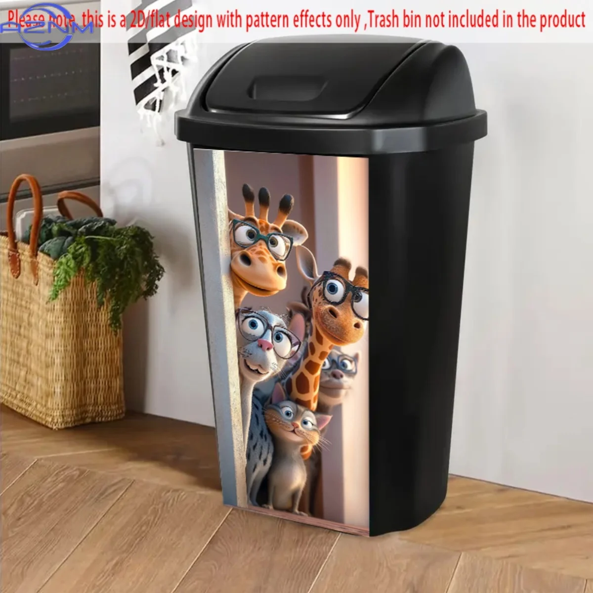 2D/FLAT, Self-Adhesive Dustbin Stickers, 14.57*32.28Inch, Group of Cartoon Animals Including Giraffes And Cats Wearing Glasses
