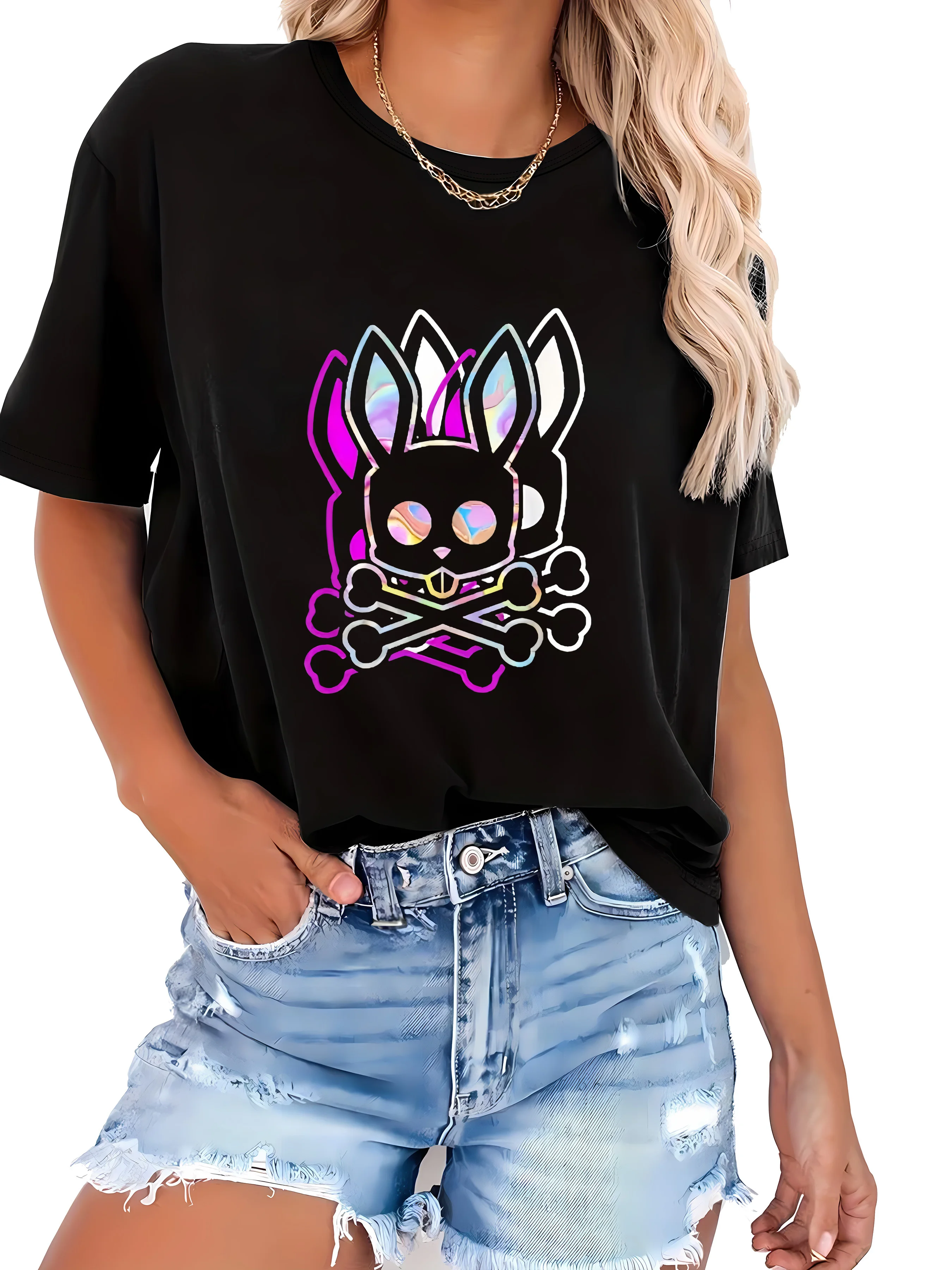 Women Casual Geometric Pattern Rabbit Skull Bone Dark Fashion T Shirt Soft Comfortable Crew Neck Short Sleeve Regular Fit