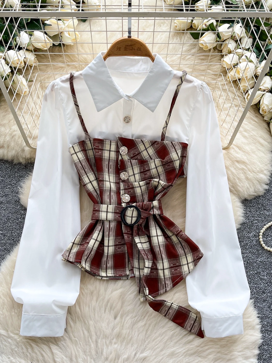 

Korean Sle Chic Plaid irt Women's Faion Design Sense Splicing Fake Two-Piece Long Sve Waist-Cinching Trendy Top