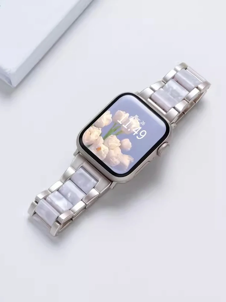 Starlight Resin Band For Apple Watch 9 Ultra 2 49mm 41 45mm Steel Metal Strap for iWatch Series 9 8 7  6 5 4 se 38 40mm 44 42mm