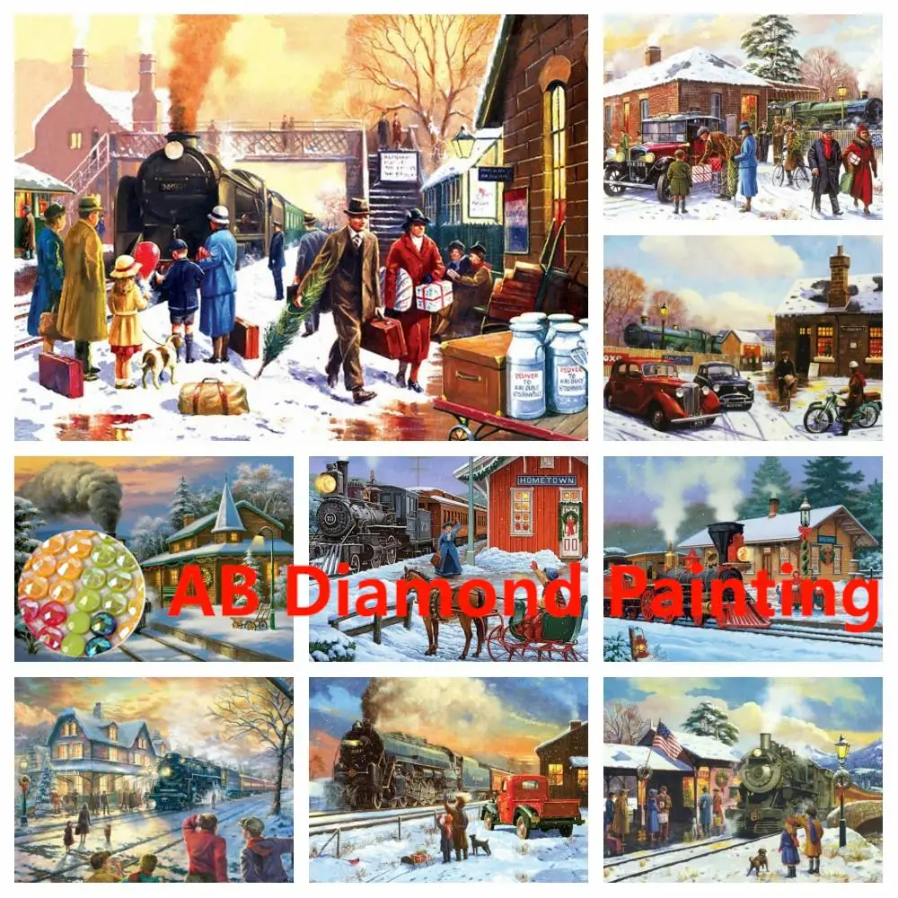 AB Diamond Embroidery Scenic Diamond Painting Full Square 5D House Rhinestones Mosaic Train Picture Wall Decor Home