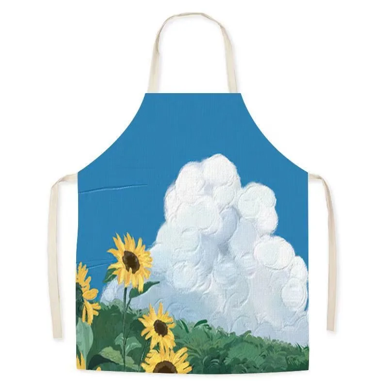 Oil painting landscape sleeveless linen apron for adults and children kitchen cooking baking bib home cleaning apron