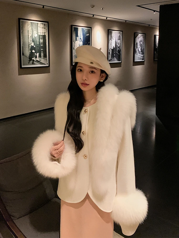 

Women Short Wool Coat With Real Fox Fur Cuff Fashion Warm Genuine Wool Female 2024 Wool Shawl Outwear Genuine Fox Fur