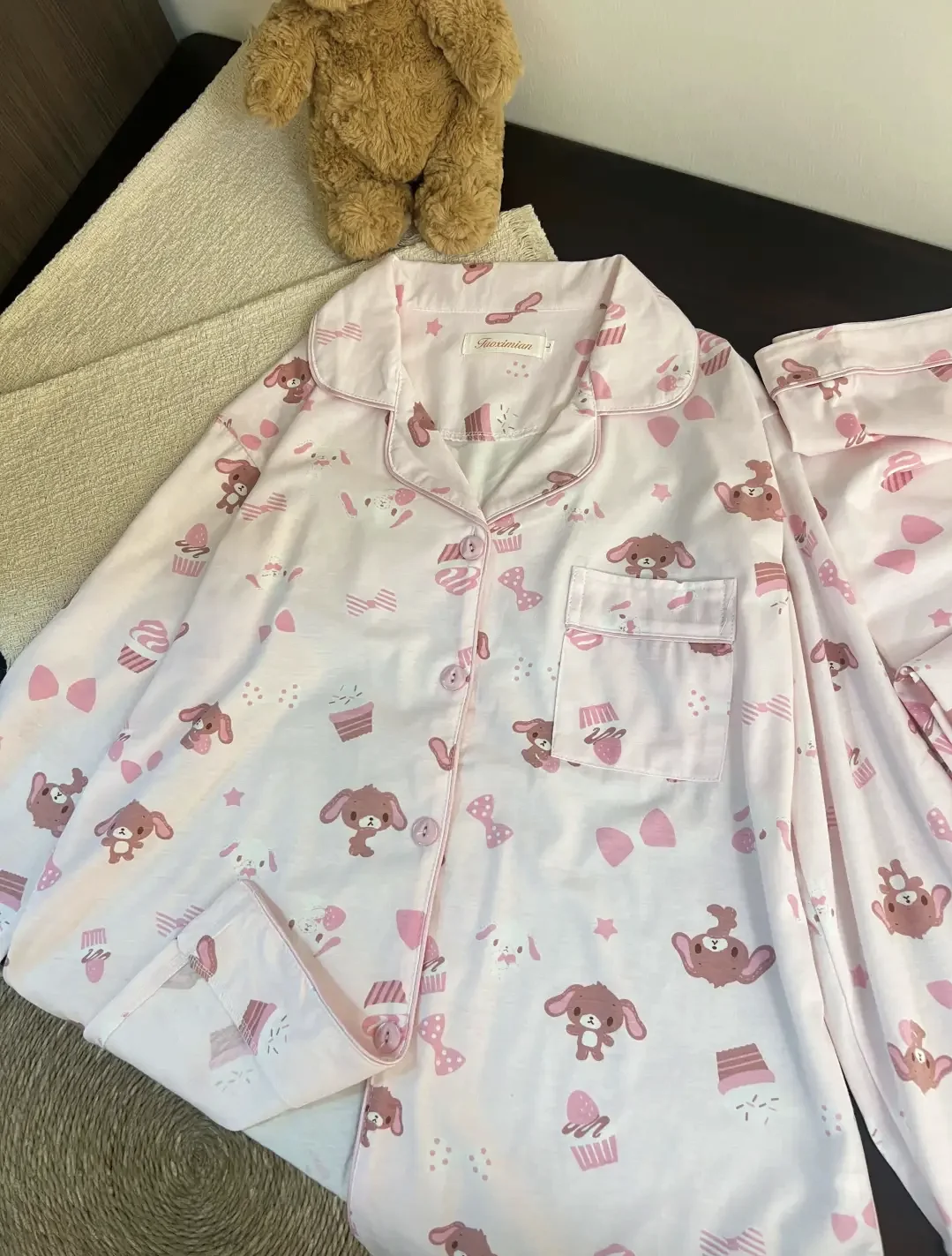 かわいい漫画ウサギの純綿パジャマ女性の春秋スタイルの快適なホーム服セット長袖パジャマ 1