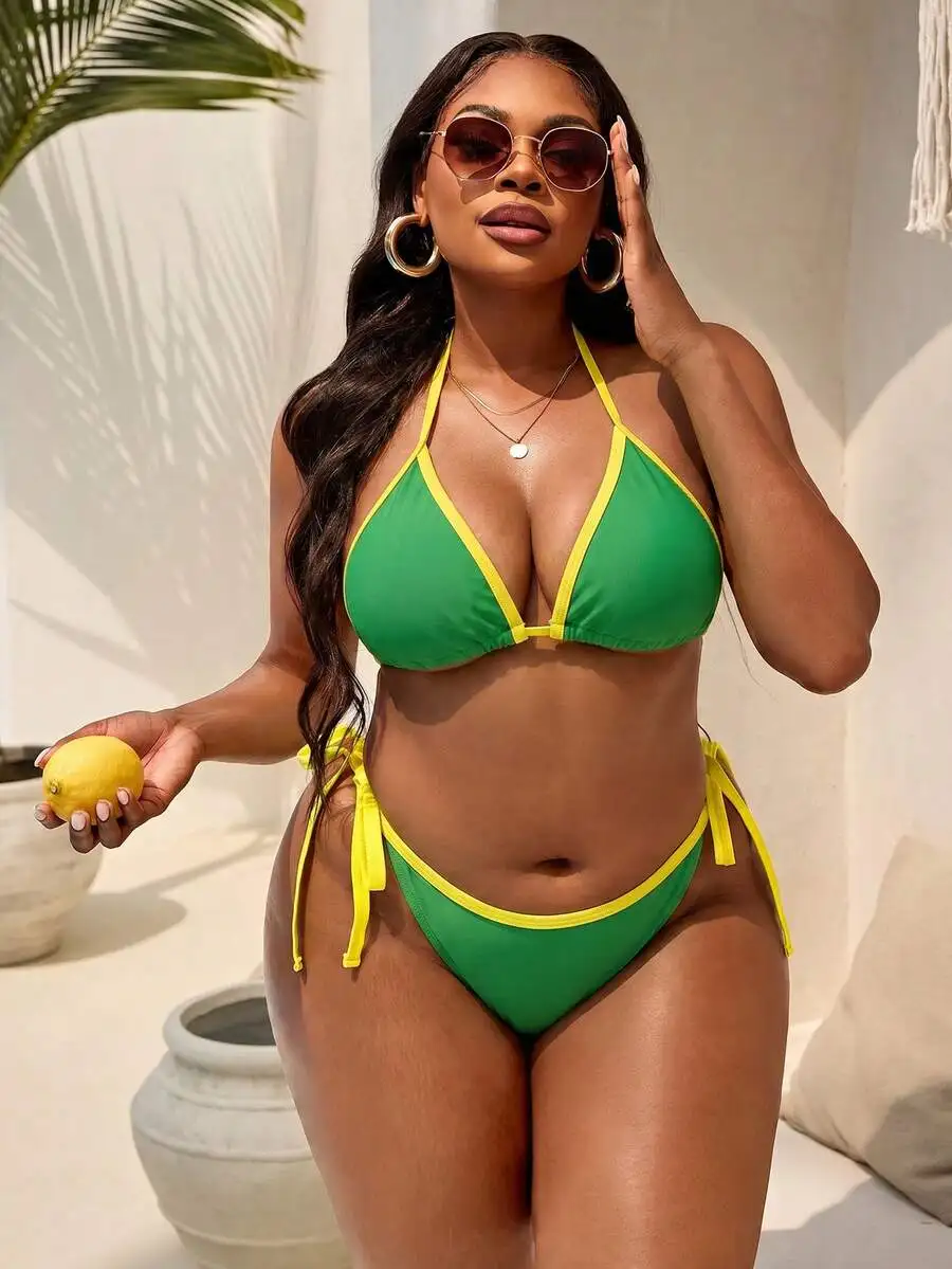 Conjunto de Bikini Triangular con Tirantes y Detalles en Verde y Amarillo para Mujer Talla Grande